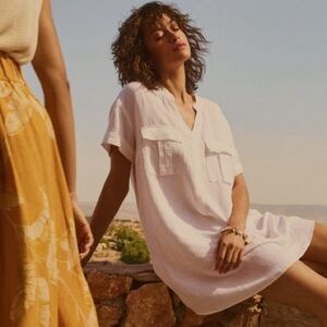 H&M White Linen Blend Short Sleeve Shirt Dress Tunic Pockets Women’s 12 Coastal